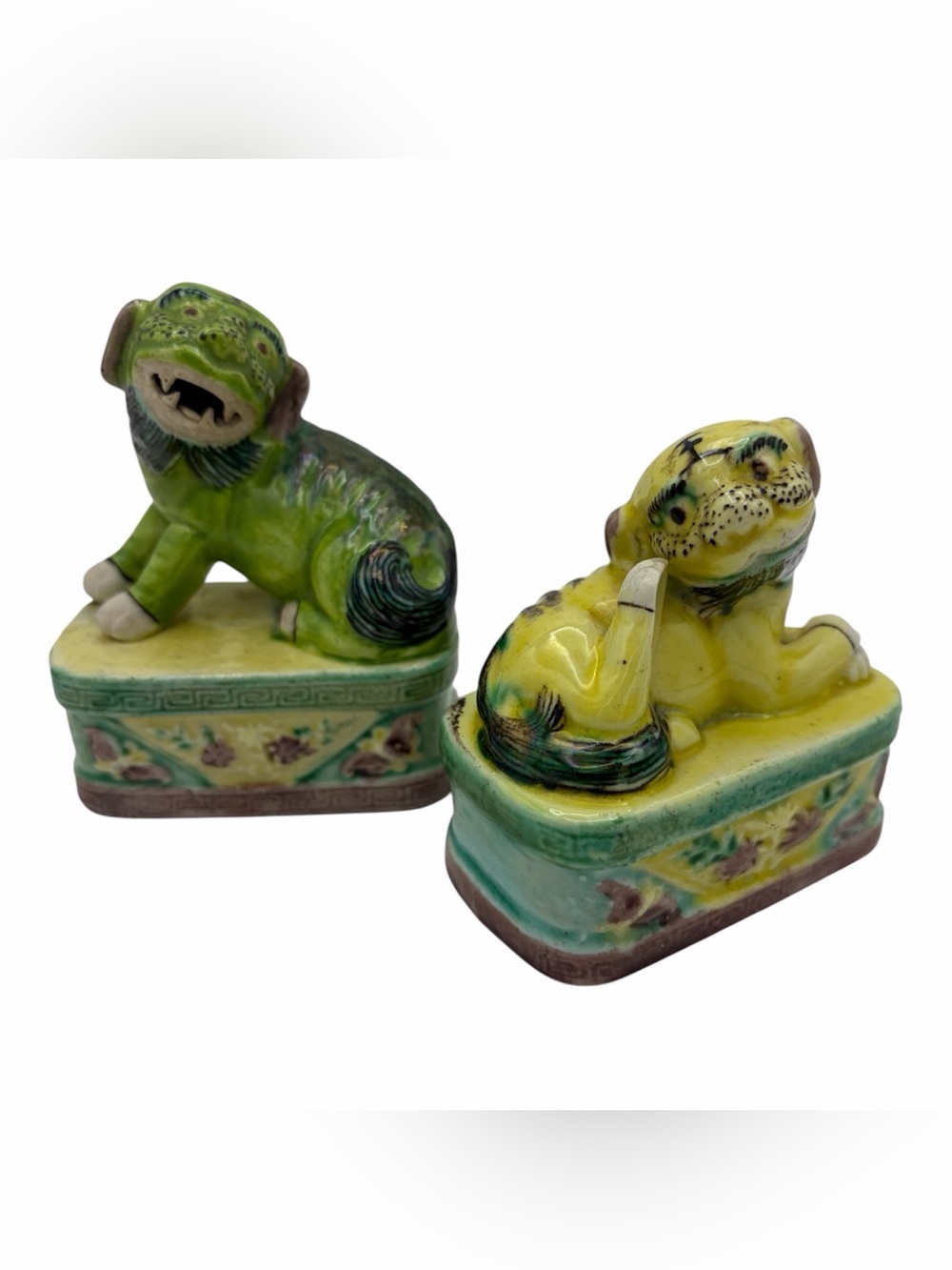 2 Vintage Chinese Famille Verte porcelain miniature Foo Dogs,